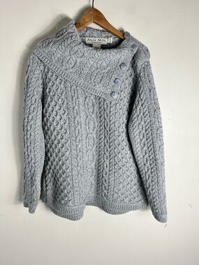 Aran Crafts Irish Merino Wool Fisherman Button Cable Knit Grey Chunky Sweater XL